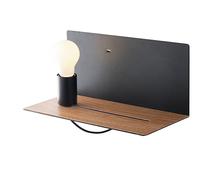APPLIQUE A PARETE FLASH NERA CON MENSOLA COLOR LEGNO E USB 2A USB 1 LUCE ATTACCO E27 33X18X15CM