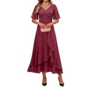 Applique Chiffon Madre della Sposa Abito Una Linea Increspature Abito da Partito Formale, Rosso vinaccia, 40