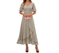 Applique Chiffon Madre della Sposa Abito Una Linea Increspature Abito da Partito Formale, Tortora, 46