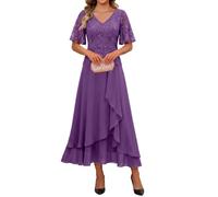 Applique Chiffon Madre della Sposa Abito Una Linea Increspature Abito da Partito Formale, Viola, 56