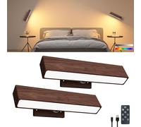 Applique da muro in Legno Ricaricabile con Telecomando e Touch, LED Dimmerabile Lampada da Parete Senza fili 3 Temperature di Colore e RGB, Magnetica, Adesiva, Ruotare di 360° per Camera Soggiorno