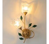 Applique da Parete a 2 luci in Stile Pastorale, Fiori e Piante, Applique da Parete per Camera da Letto, Paralume in Vetro, Illuminazione Interna, Sinistra