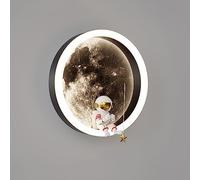 Applique da parete a forma di astronauta bianca, adatta agli affittuari, per cameretta dei bambini, lampada da parete a LED da 12 W, rotonda nera, con pianeta e luna, illuminazione da parete moderna n