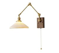 Applique da Parete con Braccio Girevole Regolabile, Lampada da Parete Moderna Vintage in Legno e Ottone con Paralume in Ceramica Plissettata, Lampada da Lettura cablata per Camera da Letto