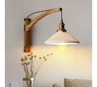 Applique da Parete con Braccio in Legno Plug in Vintage con Paralume in Ceramica Bianca, Lampada da Letto Rustica per Fattoria Lampade da Lettura da Parete per Comodino in Noce per SOG, Ash