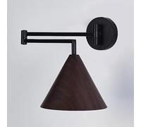 Applique da parete con braccio oscillante, lampada moderna regolabile Mid-Century con finitura nera e paralume a cono con venature del legno, lampada da lettura sul comodino per testiera della camera