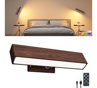 Applique da Parete in Legno Ricaricabile con Telecomando e Touch, LED Dimmerabile Lampada da muro Senza fili 3 Temperature di Colore e RGB, Magnetica, Adesiva, Ruotare di 360° per Camera Soggiorno