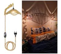 Applique da Parete Interno Rattan, Set di 2 Lampada da Muro Legno Boho Dimmerabile con Interruttore e Spina 3m Corda di Canapa Filo Rustico Lampada Murale Vintage E27 per Cameretta Soggiorno Corridoio