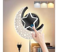 Applique da Parete LED con Interruttore Touch 12W Lampada da Parete per Bambini Dimmerabile con Spina Lampada da Comodino a Stella Luna Moderna per Camera dei Bambini Soggiorno Camera da Letto, Nere