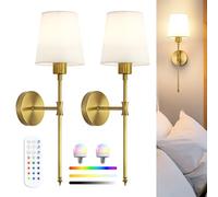 Applique da Parete LED Senza Fili Set da 2, Applique da Interno Ricaricabile con Telecomando, RGB e 3 Temperature di Colore, Altezza 53 cm, Illuminazione d’Ambiente per Soggiorno e Camera, Dorata