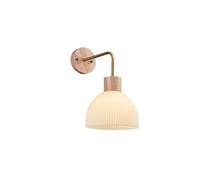 Applique da parete moderna in ferro nordico con paralume a cupola in vetro a coste, lampada da parete con base in legno, for camera da letto, soggiorno, corridoio, ingresso
