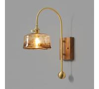 Applique da parete moderna in ottone stile metà secolo, lampada da parete in stile industriale con base in legno di noce, paralume in vetro ambrato, braccio curvo, apparecchio di illuminazione a cabl