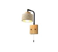 Applique da Parete Moderna in Stile Rustico con Paralume in travertino Giallo, Base in Legno massello con Interruttore a Catena, Lampada da Parete per Camera da Letto (Colore Tronco, interru