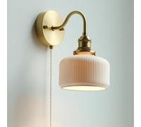 Applique da Parete Moderna nordica Lampada da Comodino con Interruttore a Catenella Finitura Ottone Stile retrò Giapponese Paralume in Ceramica Ideale per Camera da Letto Soggiorno corridoio Illumina