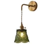 Applique da Parete Moderna retrò Regolabile con Motivo Floreale, Paralume in Vetro, Lampada da Parete con Accenti in Ottone e Base in Ferro, per Camera da Letto, Soggiorno, Comodino (Verde)