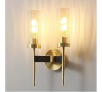 Applique da parete per interni in ottone stile Mid-Century Modern, ottone spazzolato, applique a 2 luci per illuminazione. Paralume cilindrico in vetro trasparente. Lampada rotonda da parete per came