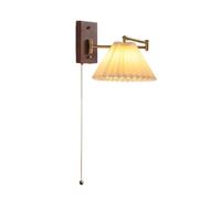 Applique da Parete Regolabile retrò, Lampada da Parete Vintage con Braccio Girevole e Catena di trazione, Paralume in Tessuto Plissettato, Lampada da Lettura da Comodino, Lampada da Parete i