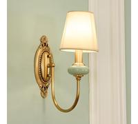 Applique Da Parete Vintage In Tessuto Con Braccio Curvo E Paralume In Tessuto Di Lino, Applique Singola For Interni Cablata Con Accenti In Ottone E Ceramica, Lampada A Parete For Camera Da Letto