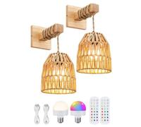 Applique da Parete Vintage per Interni con Telecomando, Lampadina Ricaricabile, Applique RGB, Lampada da Comodino dimmerabile E27, Lampada da Letto in Legno di Rattan con temporizzazione, 2 Pezzi