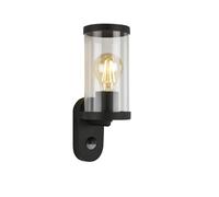 Briloner Leuchten- Lampada da esterno con rilevatore di movimento, lampada da parete esterna in vetro, sensore crepuscolare, IP44, E27, nero, 270x95x115 mm (LxWxH)