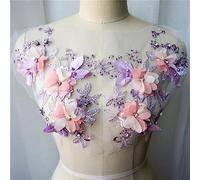 Applique in pizzo ricamato con fiori, Confezione da 2 toppe ricamate con fiori 3D e strass, multicolore, 19x28 cm(Pink Purple)