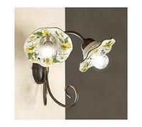 Applique lampada da parete ad 2 luci in ferro con paralumi in ceramica ondulata decorata country rustica - h. 30 cm - Ambra