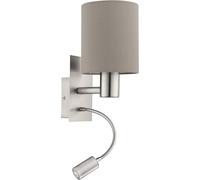Eglo Lampada da parete a Led Pasteri, lampada da parete in tessuto e acciaio a due punti luce, nichel opaco, color talpa, E27, incl interruttore e luce di lettura flessibile