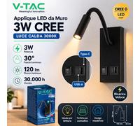 Applique LED V-TAC 3W CREE 3000K USB Type-C Ricarica Lettura Nero