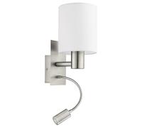 Eglo Lampada da parete a Led Pasteri a due punti luce, acciaio, tessuto, nichel opaco, bianco, E27, incl interruttore e luce di lettura flessibile