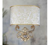 Applique parete 2 luci ottone in foglia oro con paralume ventola damasco oro [EEK: A]