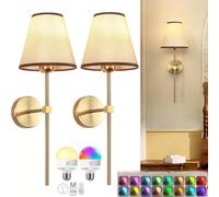 Applique senza fili con telecomando, lampada da parete per interni dimmerabile e ricaricabile tramite USB con lampadina ricaricabile, applique vintage color oro con paralume in tessuto bianco