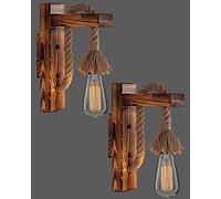 2 Pezzi Applique da Parete Interno Vintage Legno Corda, Aplique Industrial Design Retro, Lampada-rio da Parete Art Deco Tradizionale, Led a Muro Antico E27, Luce Parete Shabby Chic Rustico (Marrone)