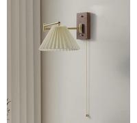 Applique vintage in ottone con braccio orientabile e interruttore, lampada da interni lunga e regolabile, applique in legno per camera da letto, soggiorno, corridoio, paralume in tessuto plissettato