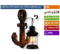 GASIASHOP SRL Universo Applique Vintage Country Retro' da Parete A Forma di Lanterna in Metallo ED Ancora in Legno con PORTALAMPADA per LAMPADINE E27