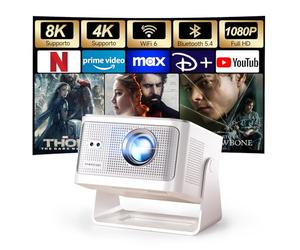 [Apps integrate] Mini Proiettore 4K & 8K Supporta, Proiettore Portatile 1080P con WiFi 6 Bluetooth 5.4, 600ANSI Messa Fuoco Automatica, Correzione Automatica Del Trapezzo, Rotazione 180° HY350MAX