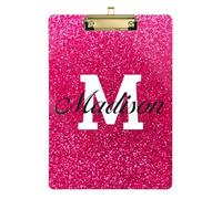 Appunti in acrilico con glitter rosa rosa personalizzato, formato standard A4 con il tuo nome per uffici, aule, scuola - 9 "x 12,5" con clip in metallo a basso profilo