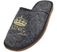 APREGGIO -Pantofole in feltro da uomo - 'King of the House' con corona, calde e comode, suola antiscivolo - Realizzate a mano (Grigio, 46)