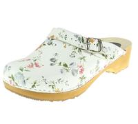 APREGGIO - Zoccoli Donna in Pelle Liscia - Sabot Donna Estive Eleganti con Tacco Alto - Stile Svedese - Punta Chiusa - Suola in Legno - Ideali per L'Estate - Bianco con Fiori - Taglia 39 EU