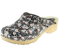 APREGGIO - Zoccoli Donna in Pelle Liscia - Sabot Donna Estive Eleganti con Tacco Alto - Stile Svedese - Punta Chiusa - Suola in Legno - Ideali per L'Estate - Nero con Fiori - Taglia 41 EU