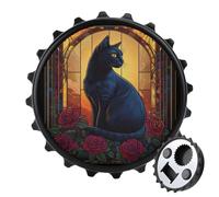 Apribottiglie in vetro colorato a forma di gatto nero con rose rosse, rotondo, calamite per frigorifero, birra, apribottiglie, per frigorifero, cucina, ufficio