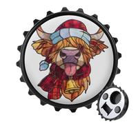 Apribottiglie in vetro colorato con mucca delle Highland che indossa cappello di Babbo Natale, apribottiglie rotondo, magneti per frigorifero, birra, apribottiglie, magnetico, per frigorifero, cucina