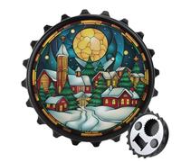 Apribottiglie in vetro colorato, con scritta "Cozy Winter Village at Night", rotondo, per frigorifero, cucina, ufficio