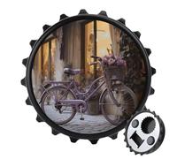 Apribottiglie magnetico a forma di bicicletta viola vicino alla finestra, decorazione per la casa, per gli amanti della birra, divertente decorazione rotonda per frigorifero, apribottiglie portatile