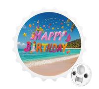Apribottiglie magnetico con scritta "Happy Birthday on the Beach", strumento da cucina salvaspazio, divertente apribottiglie e magnete per frigorifero, per campeggio, viaggi, campeggio, stile bianco