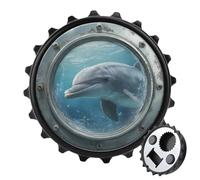 Apribottiglie rotondo a forma di delfino nell'oceano con nave antica e oblò, magneti per frigorifero, birra, apribottiglie magnetico, per frigorifero, cucina, ufficio