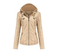 Apricot,XL,Giacca in Similpelle da Donna con Cappuccio, Giacca da Motociclista Rimovibile Slim Fit alla Moda, Cappotto Corto da Motociclista Punk Oversize con Cerniera