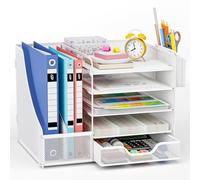 Apritsce Organizer Scrivania, Portadocumenti da Scrivania, 5 Vaschette Portadocumenti Ufficio con Cassetto e Portapenne, Multifunzionale Organizer Cancelleria per Ufficio Cancelleria Casa