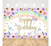 APROPHIC Sfondo per festone di compleanno, motivo floreale colorato, farfalla, Happy Birthday, sfondo fotografico, arcobaleno, buon compleanno, giardino, logo, decorazione per feste, 210 x 150 cm