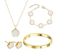 APRRMLIZW Set Di Collana E Orecchini Con Quadrifoglio 4 Pezzi Bracciale Con Trifoglio Fortunato Da Donna Bracciale Impilabile Regolabile Con Quadrifoglio Parure Gioielli Quadrifoglio Da Donna