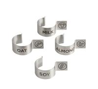 APS 10736 - Set di 4 clip per etichette, diametro 4,5 cm, altezza 2,5 cm, in acciaio inox, 4 diverse etichette: 1, latte, 2° avena, 3, mandorla, 4, soia, articolo 10735, lavabile in lavastoviglie